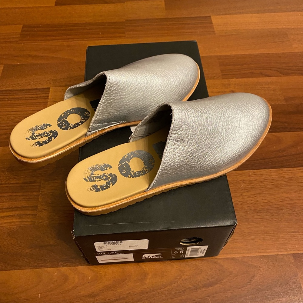 Sorel Ella Mules, Color Pure Silver, Size 6.5, New in box condition, never worn